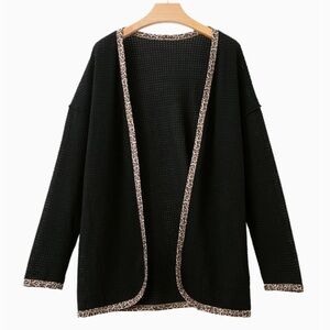 Black Leopard Contrast Waffle Knit Open Front Cardigan